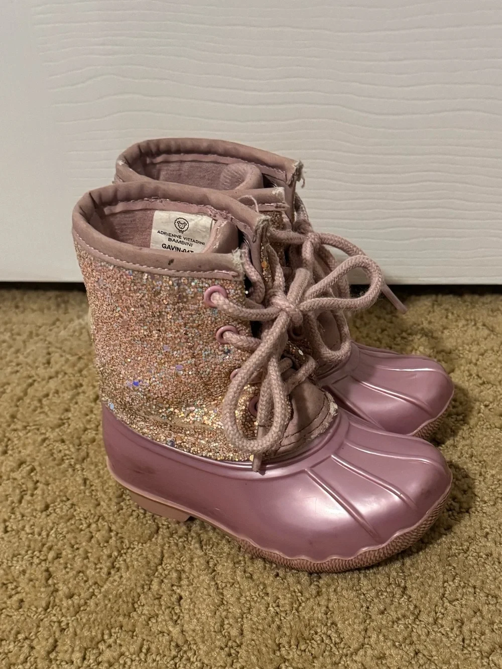 Adrienne Vittadini Girls Pink Glitter Lace-Up Rain Boots
